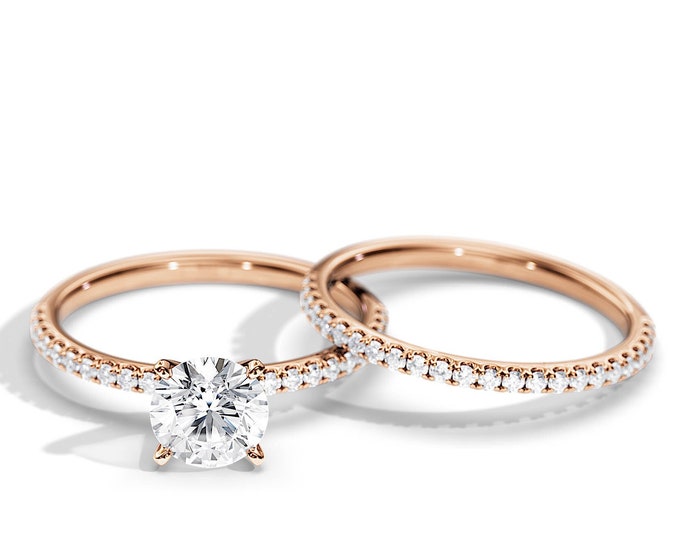 Dainty Half Eternity Pave Bridal Set / 1 Carat Moissanite Dainty Engagement Ring / Rose Gold / 0.45ct Lab Diamonds / Minimalist  Bridal Sets