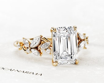 2.5 Carat Emerald Cut Lab Grown Diamond Twig Engagement Ring / Unique Nature Inspired Anniversary Ring / Leaf CVD Diamond Lab Diamond Ring