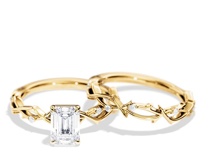 2 Carat Emerald Cut Moissanite Nature Engagement Ring Set / Twig Bridal Set in 14K 18K Gold / Moissanite Wedding Rings / Branch Nature Rings