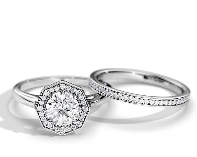 1 Carat Diamond Nature Inspired Bridal Set / SI1-H GIA Certified Natural Diamond / Hexagonal Engagement Ring Set / Unique Halo Diamond Ring