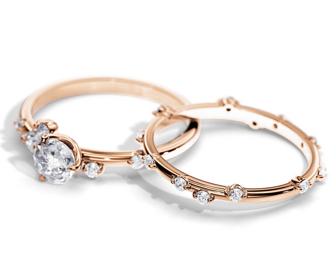 Nature Inspired Diamond Bridal Set / 0.5 CT Diamond Boho Engagement Ring Set / Natural Diamond GIA / Rose Gold Organic Ring / 0.86 Total CT