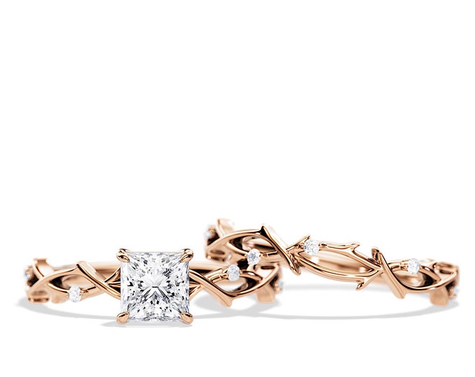 1.2 CT Princess Cut Moissanite Twig Bridal Set / Rose Gold Nature Inspired Engagement Ring Set / Princess Moissanite / Dainty Branch Rings