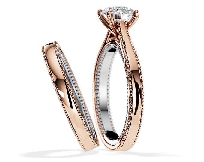 1 CT Lab Grown Diamond Tapered Engagement Ring Set / Two Tone Bridal Set / Rose and White Gold / Vintage Milgrains Wedding Rings / 1 CT CVD