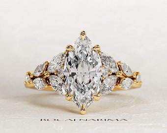 2 Carat Marquise Lab Grown Diamond Nature Inspired Engagement Ring / Unique Cluster Diamond Ring / Twig Proposal Ring in Yellow Gold