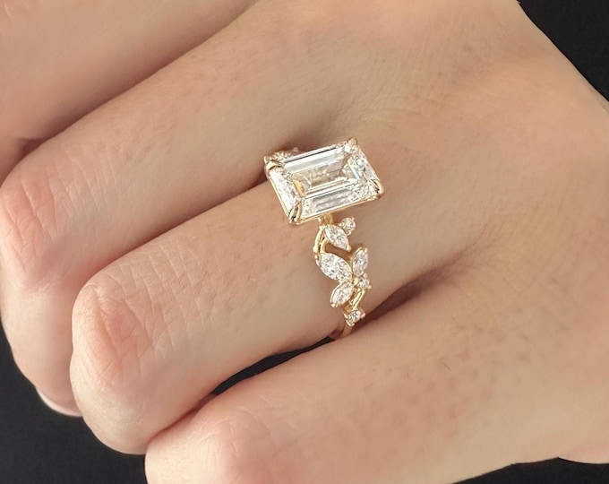 2.5 Carat Emerald Cut Lab Grown Diamond Twig Engagement Ring / Branch and Leaf Ring / Unique Nature Anniversary Ring / Nature Inspired Ring