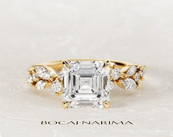 2 Carat Asscher Cut Lab Grown Diamond Engagement Ring / Rustic Engagement Ring / Yellow Gold Twig Ring / Nature Inspired Branch Ring