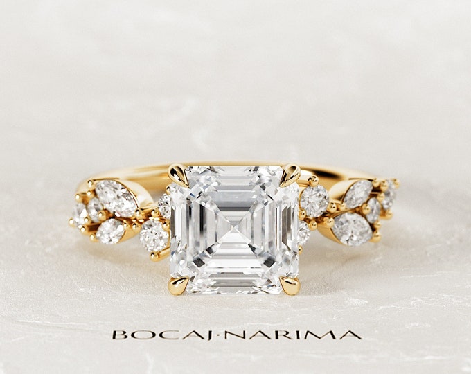 2 Carat Asscher Cut Lab Grown Diamond Engagement Ring / Rustic Engagement Ring / Yellow Gold Twig Ring / Nature Inspired Branch Ring