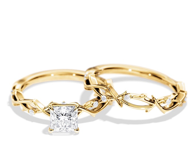 1.2 Carat Princess Cut Diamond Twig Bridal Set / 14K 18K Gold Nature Inspired Engagement Ring Set / Dainty Branch Rings Set / Twig and Leaf