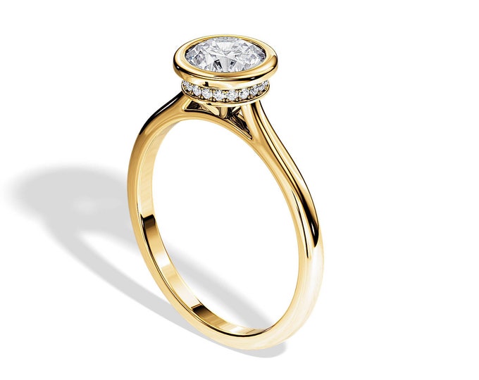 Bezel Diamond Engagement Ring / 1 Carat Lab Grown Diamond Ring / Yellow Gold Bezel Set / Hidden Halo / Unique Engagement Ring / Bridal Ring