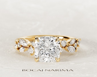 2 Carat Cushion Lab Grown Diamond Nature Inspired Engagement Ring / Unique Cluster Diamond Ring / Twig Engagement Ring in Yellow Gold