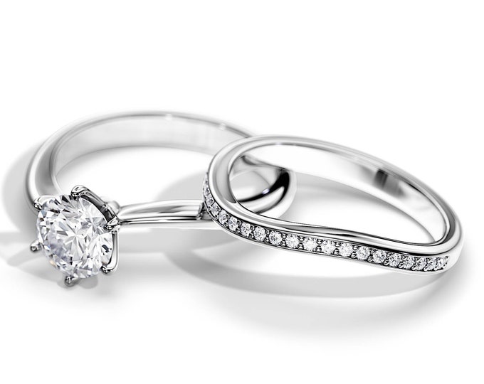 1 Carat Round Natural Diamond Solitaire Ring Set / White Gold Swirl Bridal Set / SI1-H GIA Certified / Diamond Wave Engagement Ring Set
