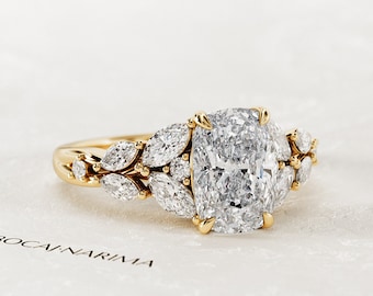 2 Carat Elongated Cushion Lab Grown Diamond Nature Inspired Engagement Ring / Unique Cluster CVD Diamond Ring / Floral Ring in Yellow Gold
