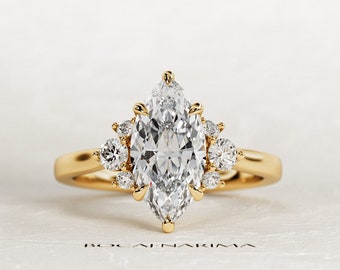 2 Carat Marquise Cut Lab Grown Diamond Engagement Ring / Nature Inspired CVD Diamond Ring / Unique Cluster Diamond Ring / Nature Ring