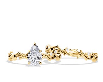 Diamond Twig Bridal Set / 1.5 Carat Pear Cut Lab Grown Diamond Nature Inspired Ring Set / 14K 18K Gold Branch Engagement Ring Set Womens