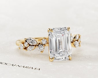 2 Carat Emerald Cut Lab Grown Diamond Engagement Ring / Twig Engagement Ring / Yellow Gold Rustic Ring / Nature Inspired Diamond Ring
