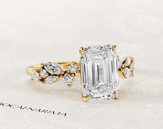 2 Carat Emerald Cut Lab Grown Diamond Engagement Ring / Twig Engagement Ring / Yellow Gold Rustic Ring / Nature Inspired Diamond Ring