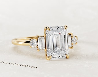 2.5 Carat Emerald Cut Lab Grown Diamond Art Deco Engagement Ring / 5 Stone Emerald & Baguette Diamond Ring / 14k Gold 5 Stone Proposal Ring