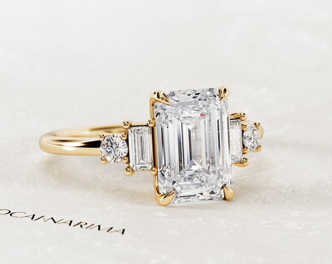 2.5 Carat Emerald Cut Lab Grown Diamond Art Deco Engagement Ring / 5 Stone Emerald & Baguette Diamond Ring / 14k Gold 5 Stone Proposal Ring