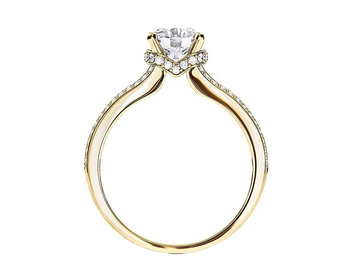 Hidden Halo Engagement Ring / Split Shank Engagement Ring /  1 Carat Moissanite Ring / Yellow Gold / Crown Hidden Halo / Unique Engagement