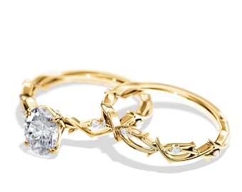 1.5 Carat Lab Grown Diamond Twig Ring Set / Nature Inspired Diamond Bridal Set / Dainty Branch Engagement Ring Set / Yellow Gold Nature Ring