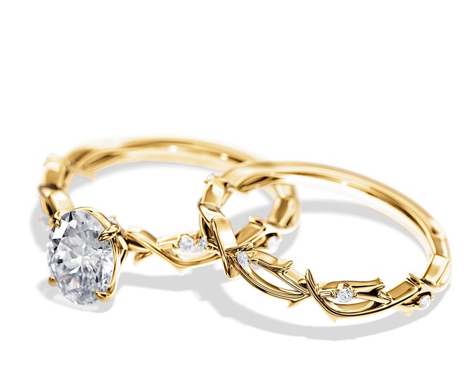 1.5 Carat Lab Grown Diamond Twig Ring Set / Nature Inspired Diamond Bridal Set / Dainty Branch Engagement Ring Set / Yellow Gold Nature Ring