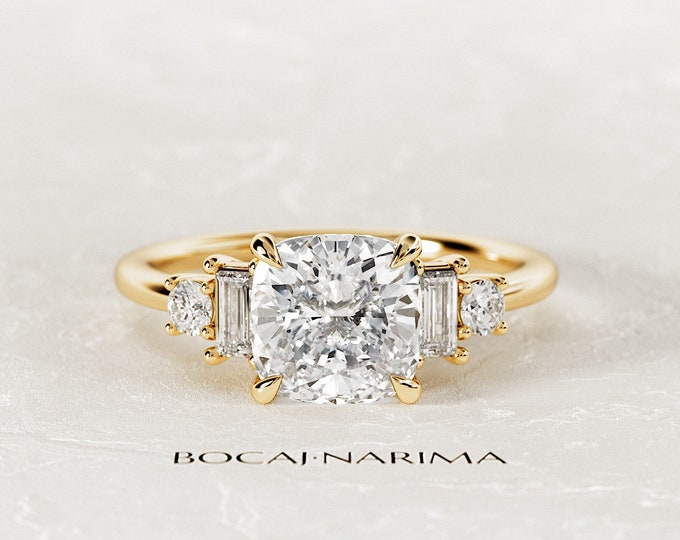 2 Carat Cushion Lab Grown Diamond 5 Stone Engagement Ring / Unique Proposal Ring in Yellow Gold / CVD Diamond Square Cushion Engagement Ring