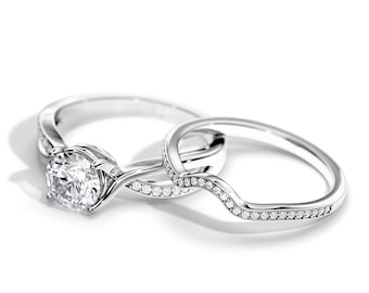1 Carat Lab Grown Diamond Bridal Set / Split Shank Engagement Ring Set / 14K or 18K White Gold Rings Set / Round Lab Diamond Twisted Ring