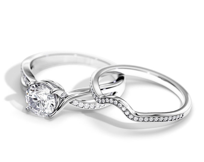 1 Carat Lab Grown Diamond Bridal Set / Split Shank Engagement Ring Set / 14K or 18K White Gold Rings Set / Round Lab Diamond Twisted Ring