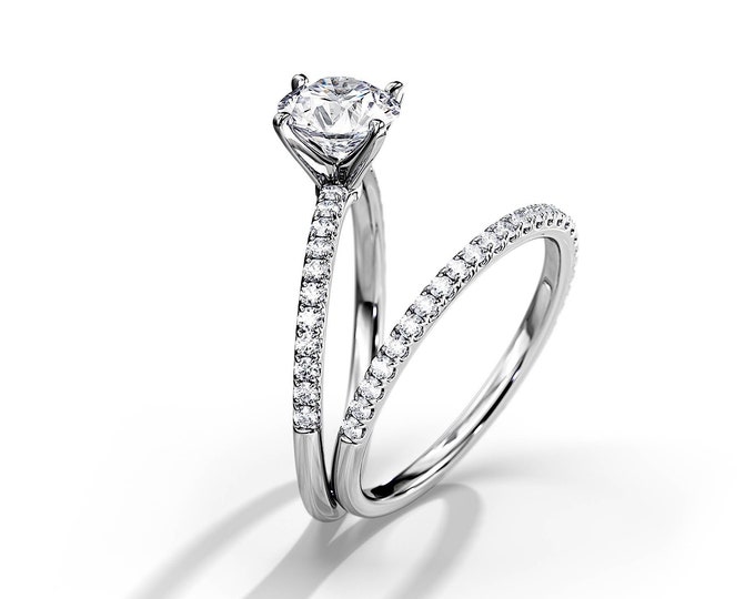1 CT Round Natural Diamond SI1/H GIA Certified Engagement Ring / Dainty Bridal Set / Minimalist Wedding Rings / White Gold Pave Bridal Set