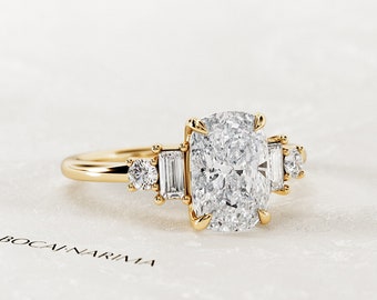 2 Carat Elongated Cushion Lab Grown Diamond Five Stone Engagement Ring / Unique Anniversary Ring / Elongated CVD Diamond Ring in 14k Gold