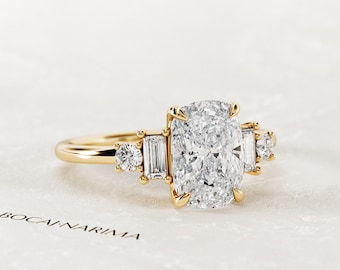 2 Carat Elongated Cushion Lab Grown Diamond Five Stone Engagement Ring / Unique Anniversary Ring / Elongated CVD Diamond Ring in 14k Gold