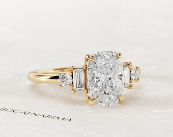 2 Carat Elongated Cushion Lab Grown Diamond Five Stone Engagement Ring / Unique Anniversary Ring / Elongated CVD Diamond Ring in 14k Gold