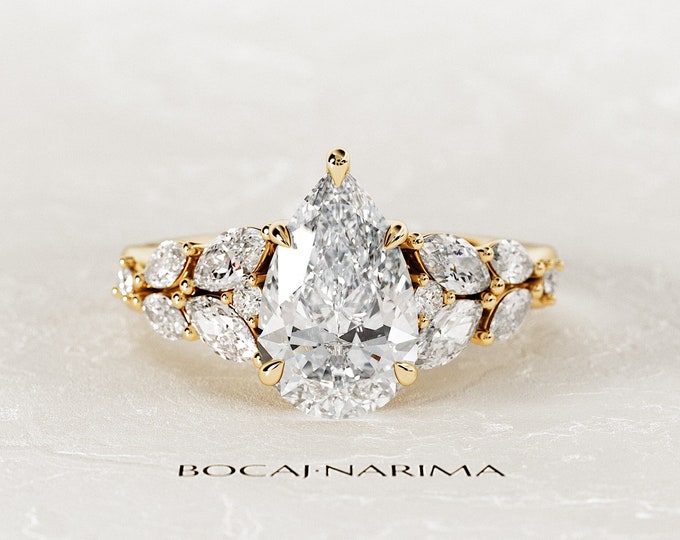 2 Carat Pear Lab Grown Diamond Nature Inspired Engagement Ring / Nature Cluster Style Proposal Ring / Yellow Gold Floral Diamond Ring