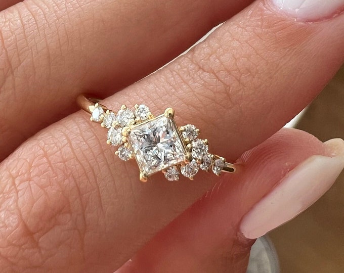 Art Deco Engagement Ring / 0.5 Carat Princess Cut Lab Grown Diamond / Cluster Engagement Ring / Princess Cut Engagement Ring / Lab Diamond