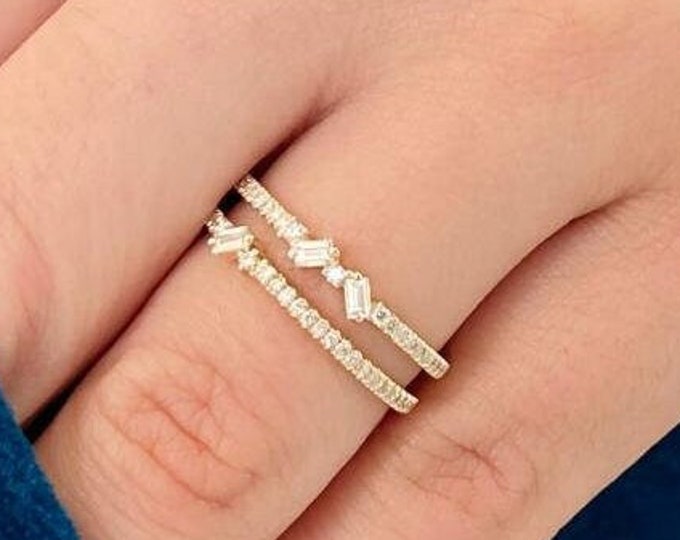 Double Shank Diamond Ring / Double Baguette Band / Pave Diamond Wedding Band / Unique Wedding Ring / 14k 18k Gold Stackable Ring