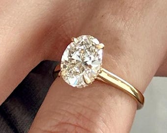 2 Carat Oval Lab Grown Diamond E VS1 Hidden Halo Ring / Cathedral High Set Engagement Ring / 18k Gold Dainty Proposal Ring / 2CT Oval E VS1