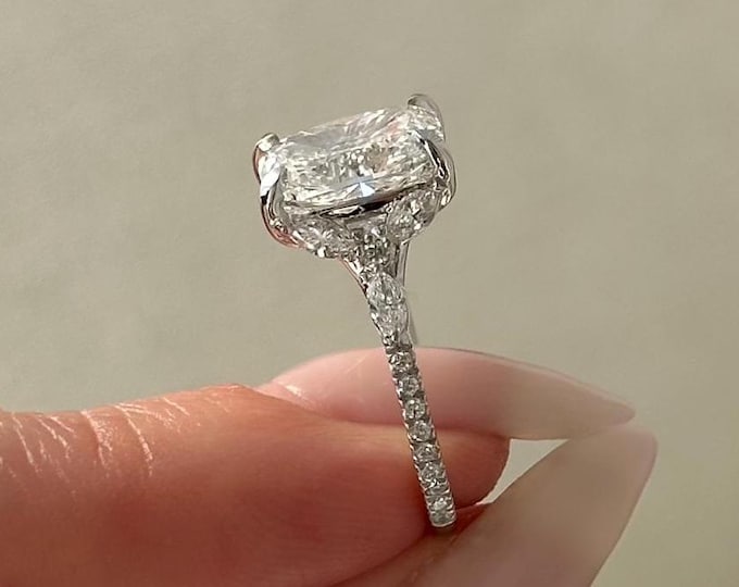 3 Carat Elongated Cushion Diamond Engagement Ring / 14k White Gold Nature Inspired Lab Diamond Ring / Unique Twig Proposal Ring in Platinum