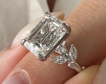 4 Carat Emerald Cut F VVS2 Lab Grown Diamond Twig Engagement Ring / Unique Nature Inspired Proposal Ring in White Gold / IGI Certified