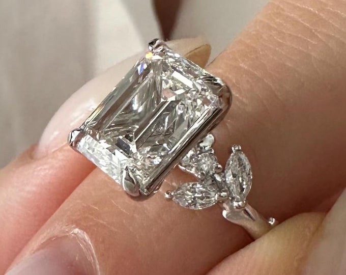 4 Carat Emerald Cut F VVS2 Lab Grown Diamond Twig Engagement Ring / Unique Nature Inspired Proposal Ring in White Gold / IGI Certified