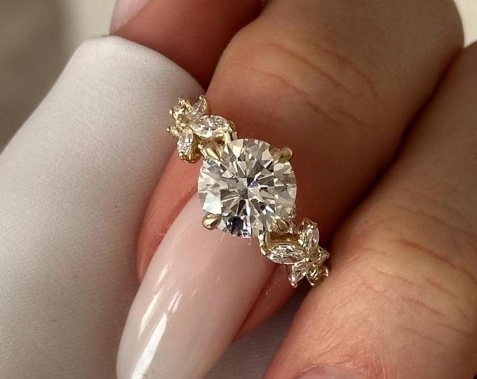 2 Carat Round Lab Diamond Nature Inspired Engagement Ring / Lab Created Leaf and Branch Diamond Ring / Yellow Gold Twig Diamond Ring