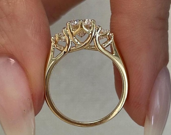 1.5 Carat E VVS2 Lab Grown Diamond Trellis Set Engagement Ring / 14k Gold Lab Diamond Ring / 14k Gold Three Stone Ring / 3 Stone Ring