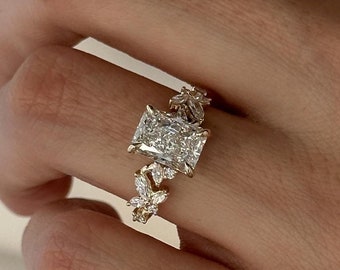 2 Carat Radiant Cut Lab Grown Diamond Nature Inspired Engagement Ring / Twig Diamond Ring / Branch Leaf Diamond Ring / Unique Nature Ring
