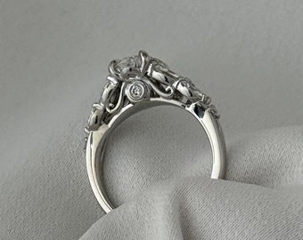 2 Carat Oval Lab Grown Diamond Vintage Engagement Ring / Cluster Engagement Ring / Unique Proposal Ring in White Gold / High Set Ring