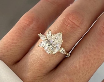 3 Carat Pear Cut E VVS2 Lab Grown Diamond Nature Inspired Engagement Ring / 14k Gold Twig Diamond Ring / Unique Proposal Ring / Yellow Gold