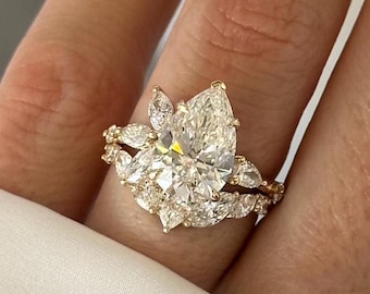 3 Carat Pear Cut E VVS2 Lab Grown Diamond Nature Inspired Engagement Ring Set / Yellow Gold Bridal Set Flush Fit With Matching Wedding Band