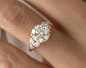 2 Carat Round Brilliant Lab Grown Diamond Twig Engagement Ring / Unique Cluster Diamond Ring / Yellow Gold Nature Inspired Engagement Ring