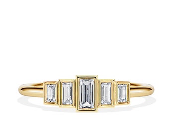 Baguette Engagement Ring / Art Deco Engagement Ring / Bezel Set Baguette Diamond Ring / Five Stone Baguette Ring / 14K Gold Bezel Ring