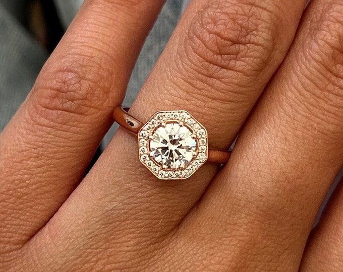 1 Carat D VVS2 Lab Grown Diamond Floral Ring / Unique Halo Diamond Ring / 14k Rose Gold Unique High Set Cathedral Engagement Ring