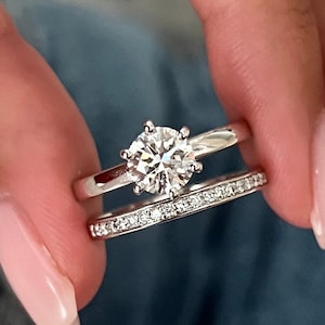 1 Carat Lab Grown Diamond Solitaire Ring / White Gold Half Eternity Wedding Band / Lab Diamond Classic Bridal Set / 6 Prongs Round Diamond