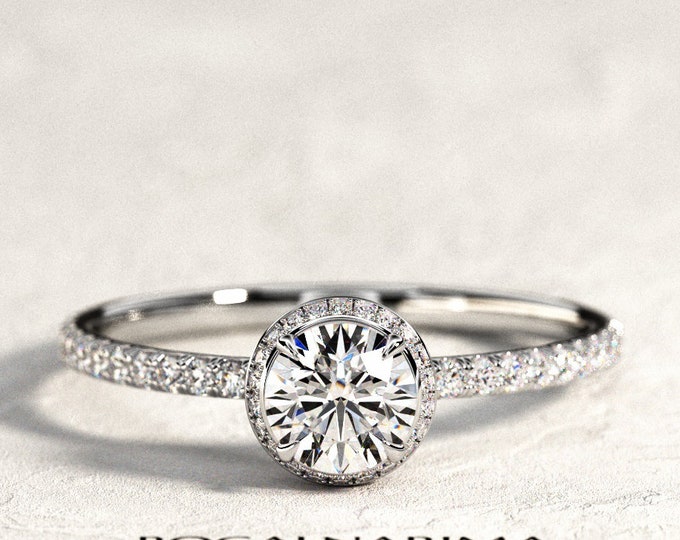 0.5 CT Engagement Ring / 0.5CT Lab Grown Diamond Ring / 14k 18k White Gold / 0.9TCW Lab Diamonds / Double Edge Halo & Pave Engagement Ring